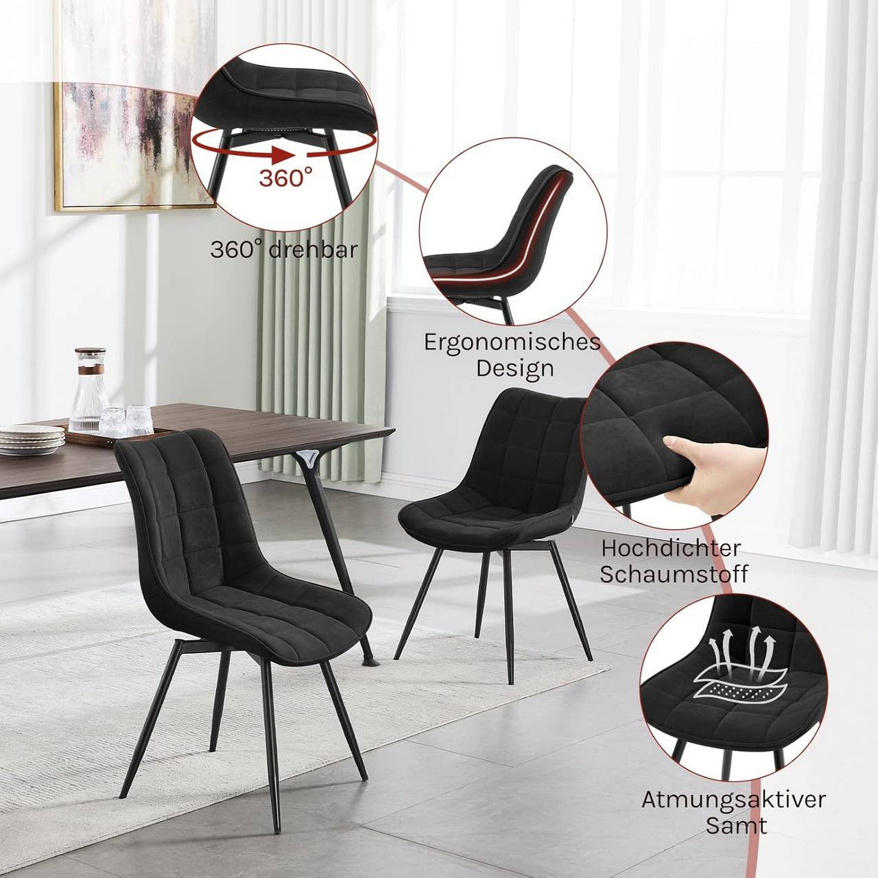 24goodz Swivel Dining Chairs - Ergonomic Comfort - Durable Velvet and Metal - For Every Room - Black