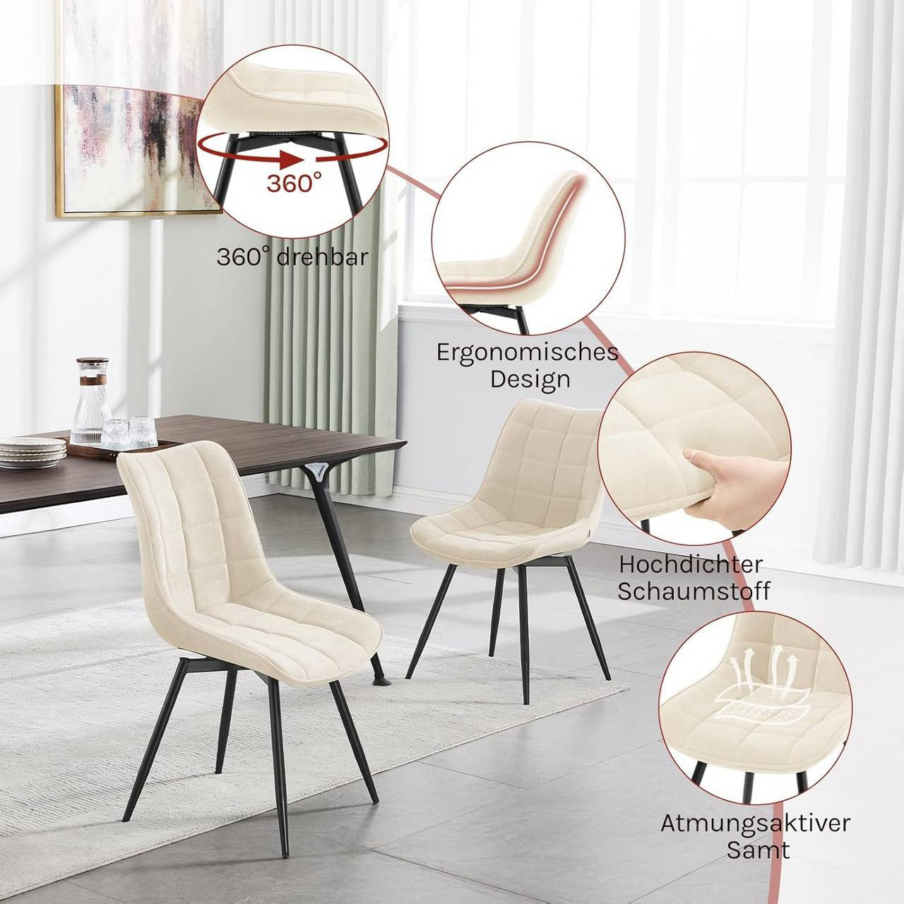 24goodz Swivel Dining Chairs - 360° Rotatable - Ergonomic Comfort - Velvet and Metal - Beige