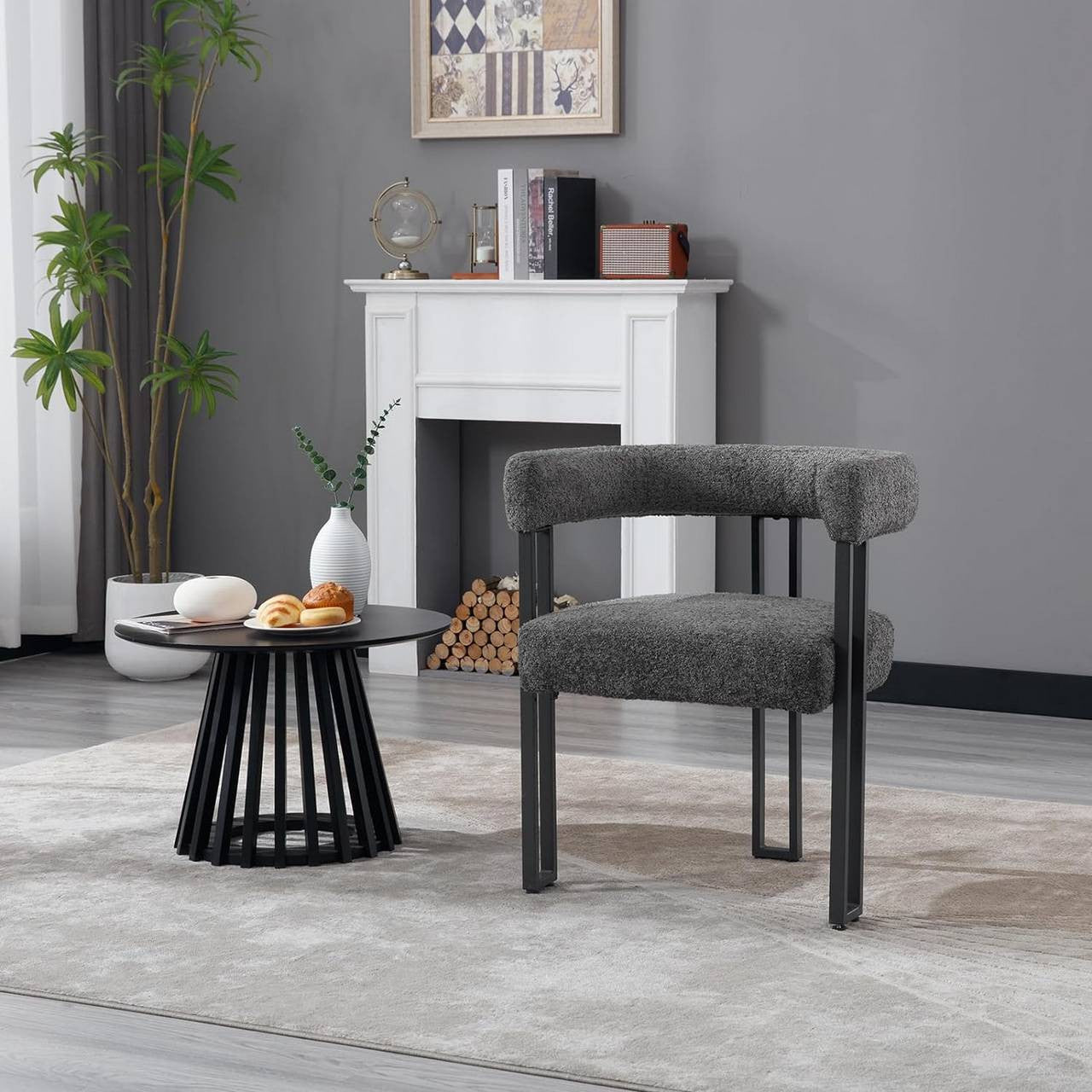 24goodz Dining Chairs with Armrests - Ergonomic Comfort - Chenille and Metal - For Home Use - Dark Grey