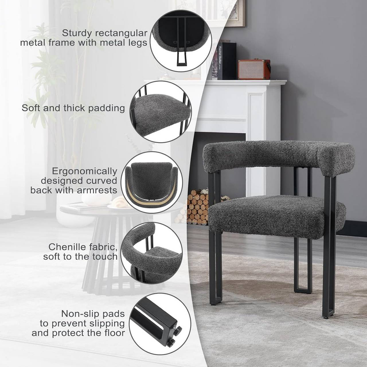 24goodz Dining Chairs with Armrests - Ergonomic Comfort - Chenille and Metal - For Home Use - Dark Grey