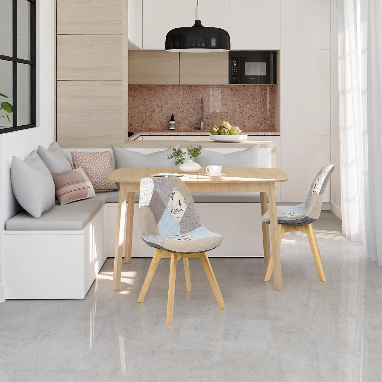 24goodz Dining Chair - Ergonomic Comfort - Stylish Patchwork Design - PP and Solid Wood - For Home Use - Patchwork Linen - pw