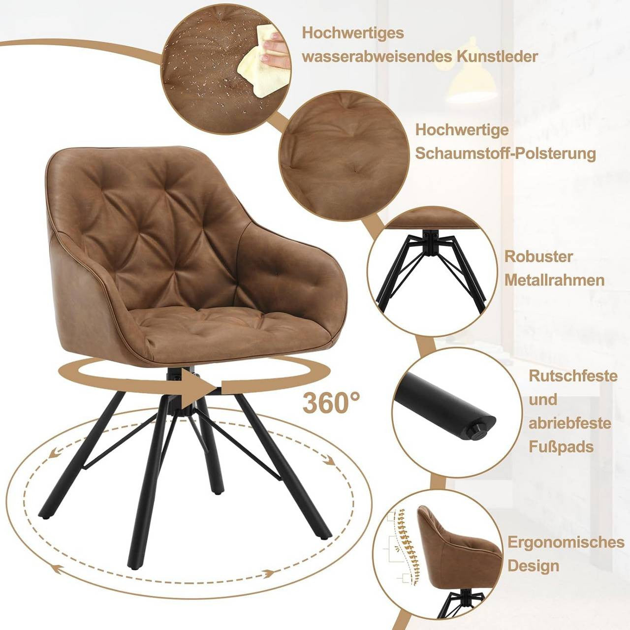 24goodz Ergonomic Dining Chair with Armrests - 360° Swivel Function - Faux Leather - For Home & Office - Light Brown