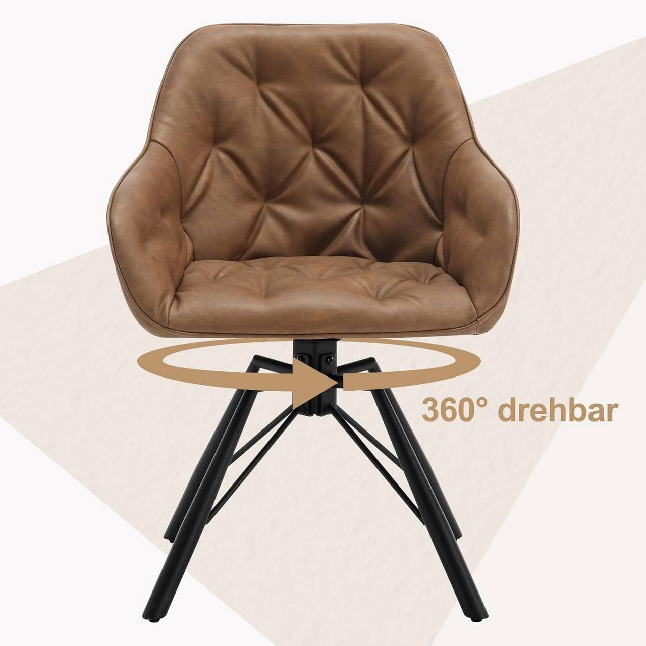 24goodz Ergonomic Dining Chair with Armrests - 360° Swivel Function - Faux Leather - For Home & Office - Light Brown