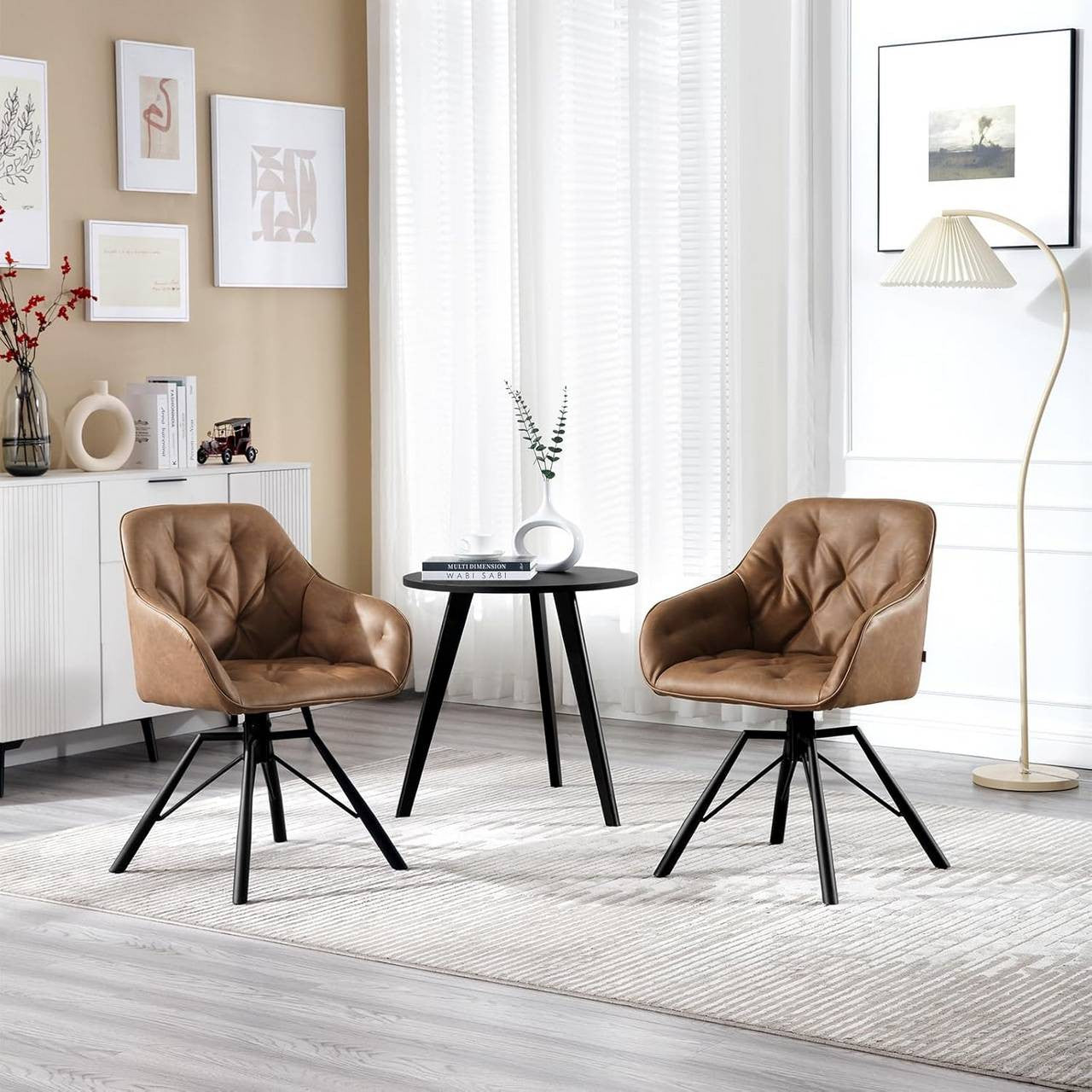 24goodz Ergonomic Dining Chair with Armrests - 360° Swivel Function - Faux Leather - For Home & Office - Light Brown