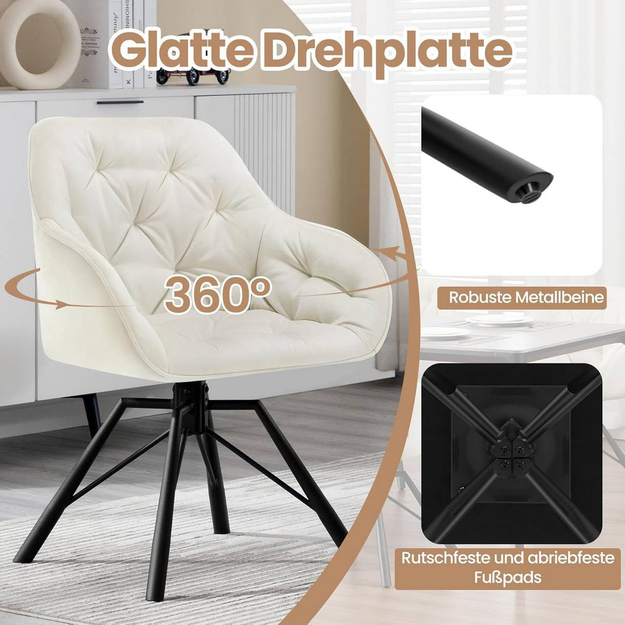 24goodz Ergonomic Dining Chair with Armrests - 360° Swivel Function - Velvet - For Home & Office - Cream