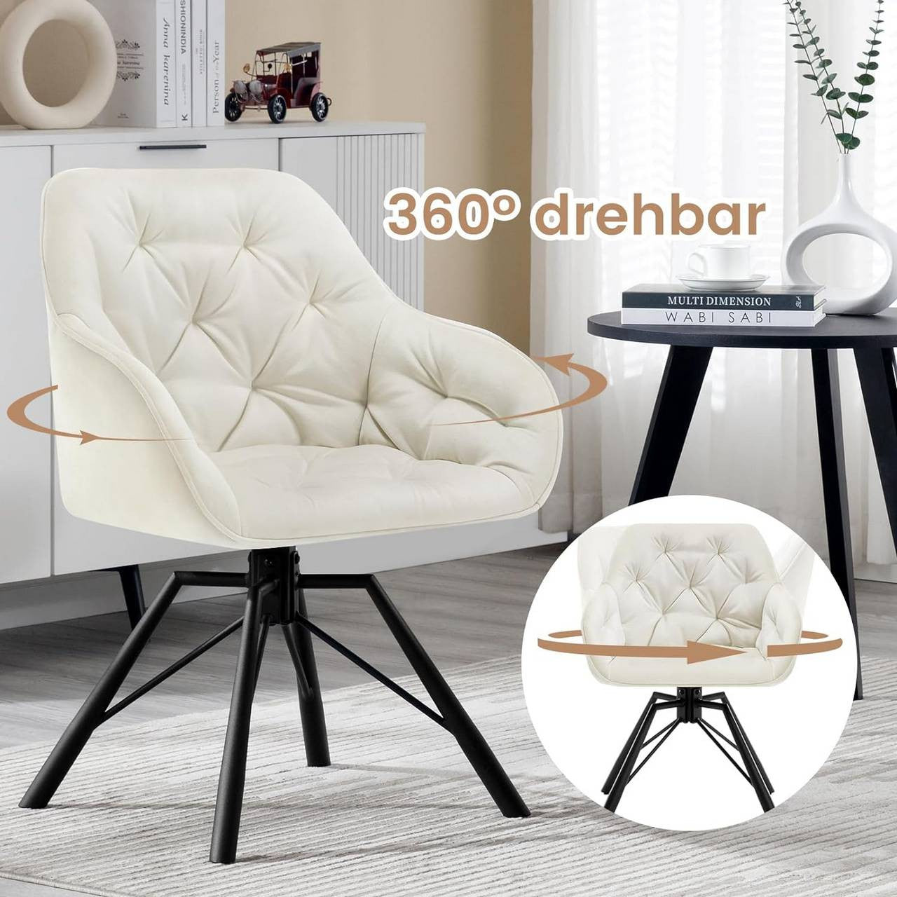 24goodz Ergonomic Dining Chair with Armrests - 360° Swivel Function - Velvet - For Home & Office - Cream