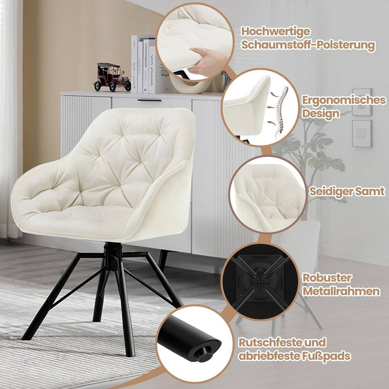 24goodz Velvet Dining Chair - Ergonomic Comfort - 360° Swivel - Velvet - For Home & Kitchen - Cream