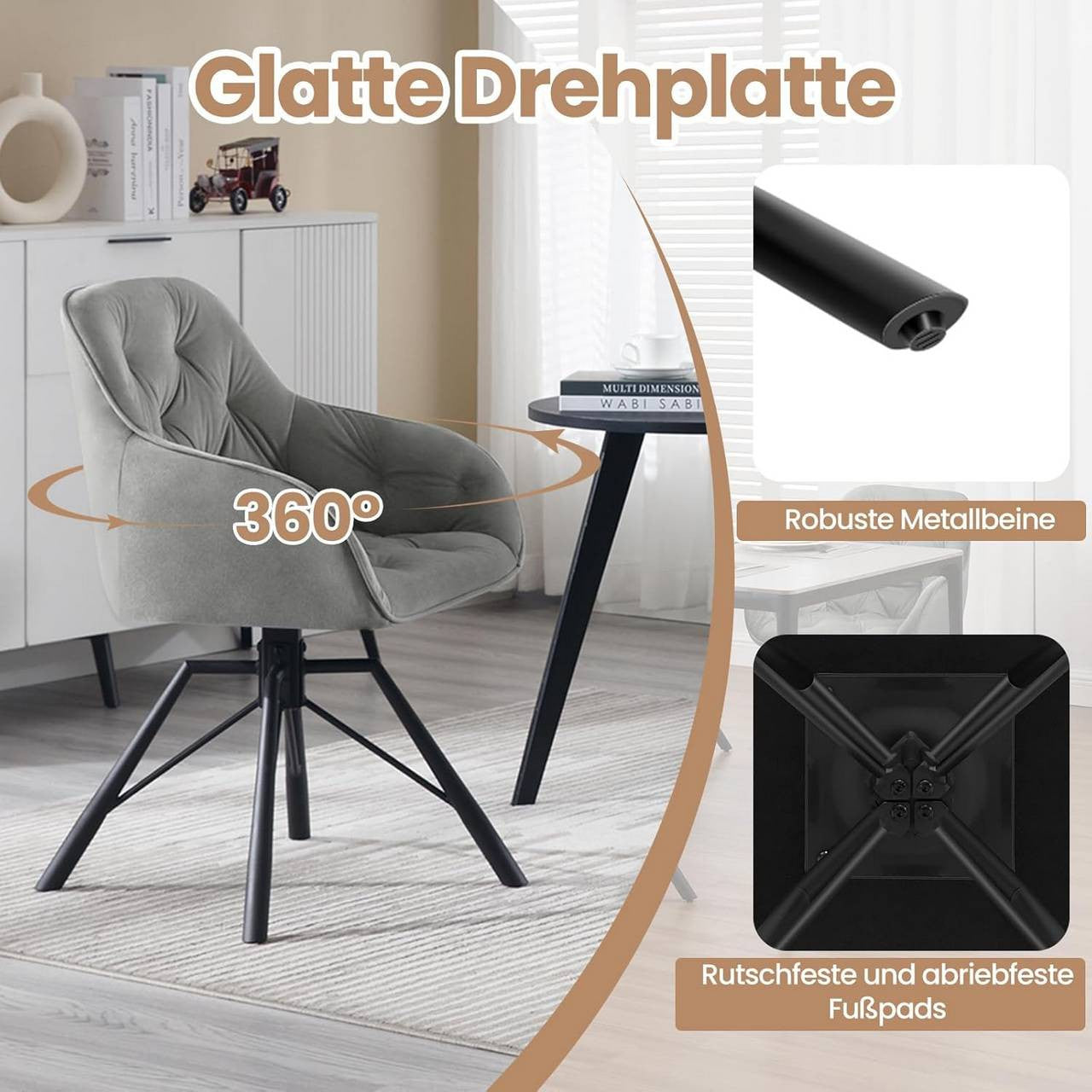 24goodz Velvet Dining Chair with Armrests - Ergonomic Comfort - 360° Swivel - Velvet - For Home and Office - Dark Grey