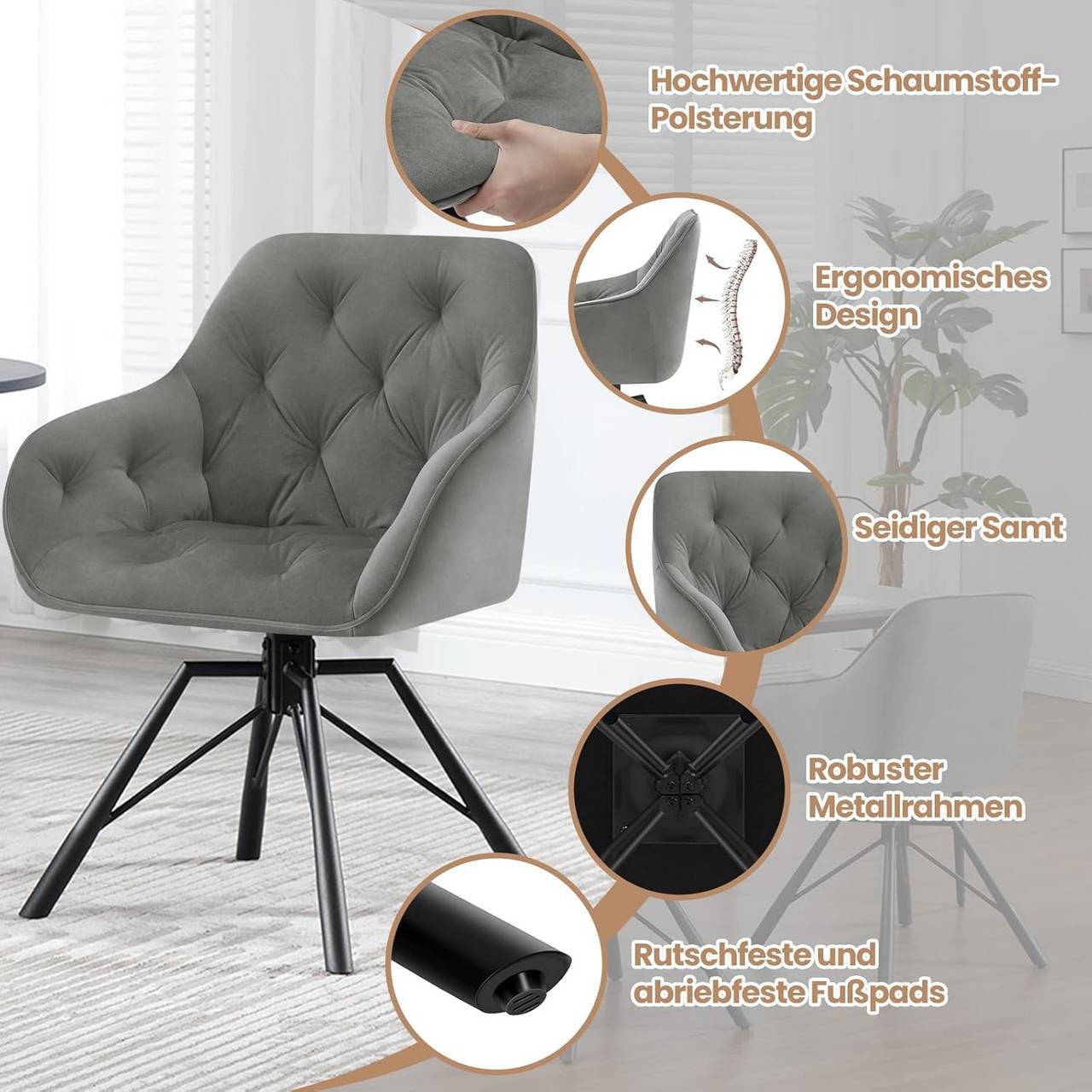 24goodz Ergonomic Dining Chair - 360° Swivel Function - Velvet Upholstery - For Home & Office - Dark Grey