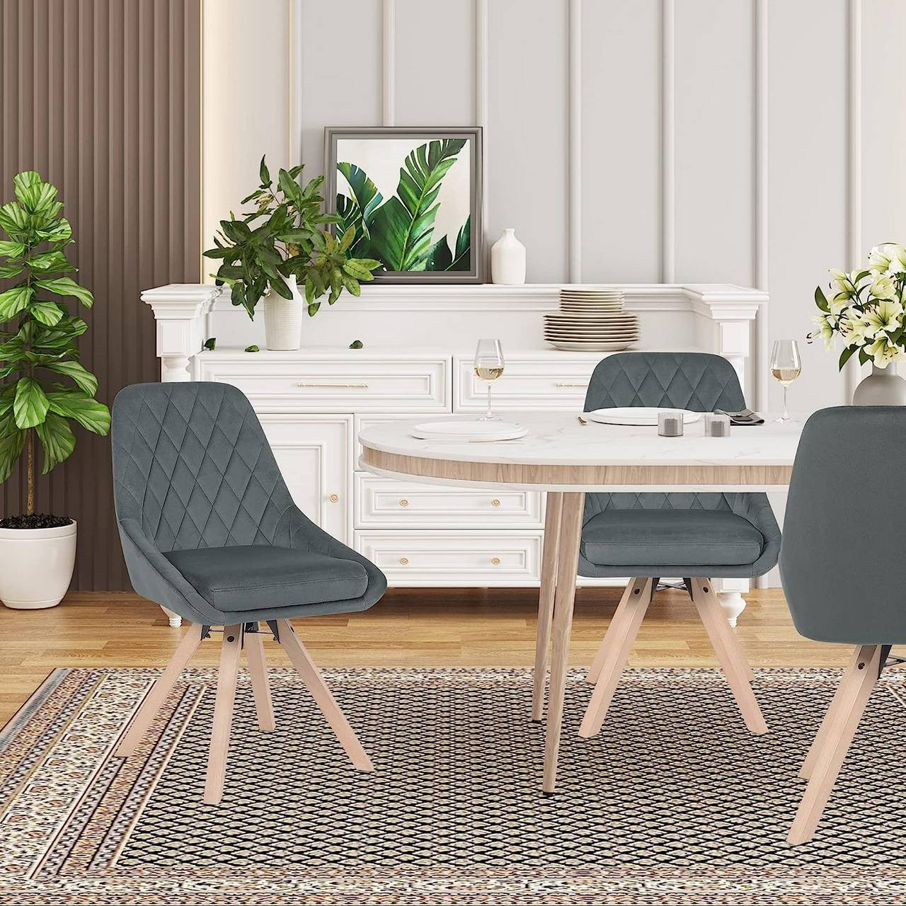 24goodz Set of 2 Dining Chairs - 360-Degree Swivel - Ergonomic Comfort - Velvet & Beech Wood - Dark Grey - dgr