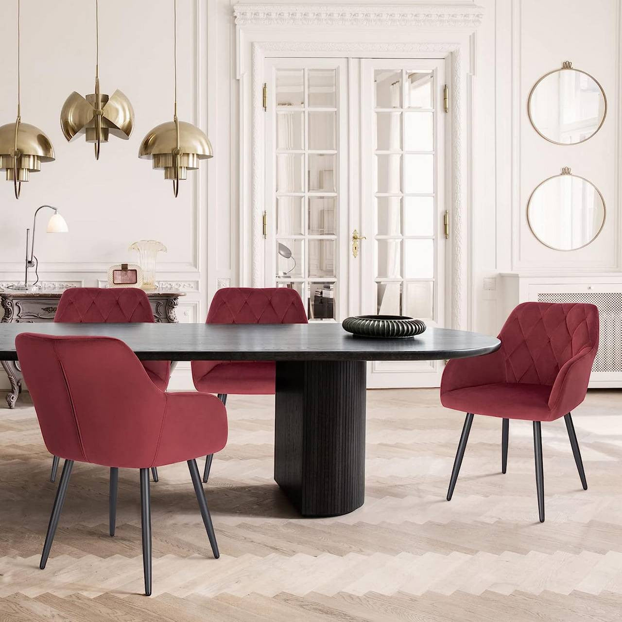 24goodz Velvet Dining Chair with Armrests - Ergonomic Comfort - Sturdy Metal Legs - Velvet - For Home Use - Bordeaux - bd