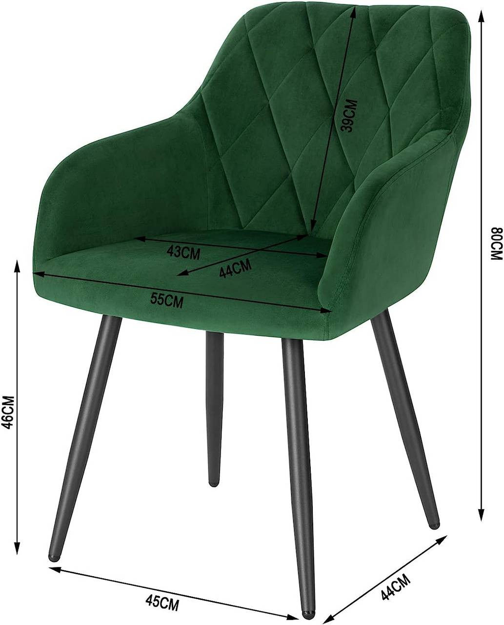 24goodz Velvet Dining Chair with Armrests - Ergonomic Comfort - Sturdy Metal Frame - Velvet - For Home Use - Dark Green - dgn