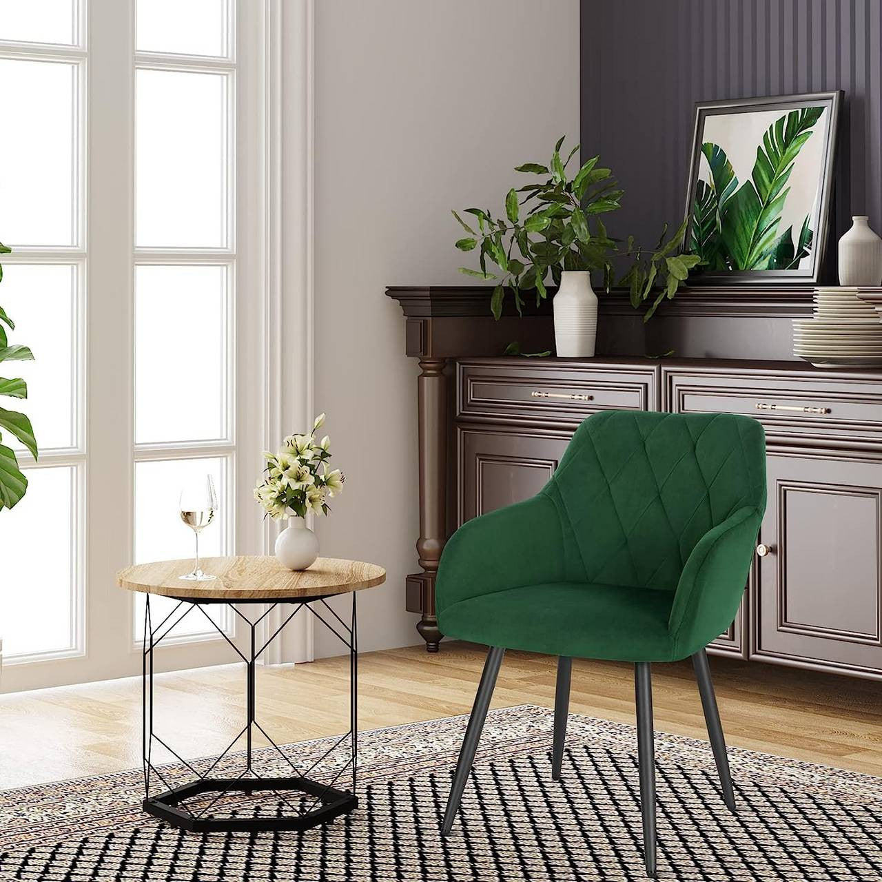 24goodz Velvet Dining Chair with Armrests - Ergonomic Comfort - Versatile Design - Velvet + Metal - Dark Green - dgn