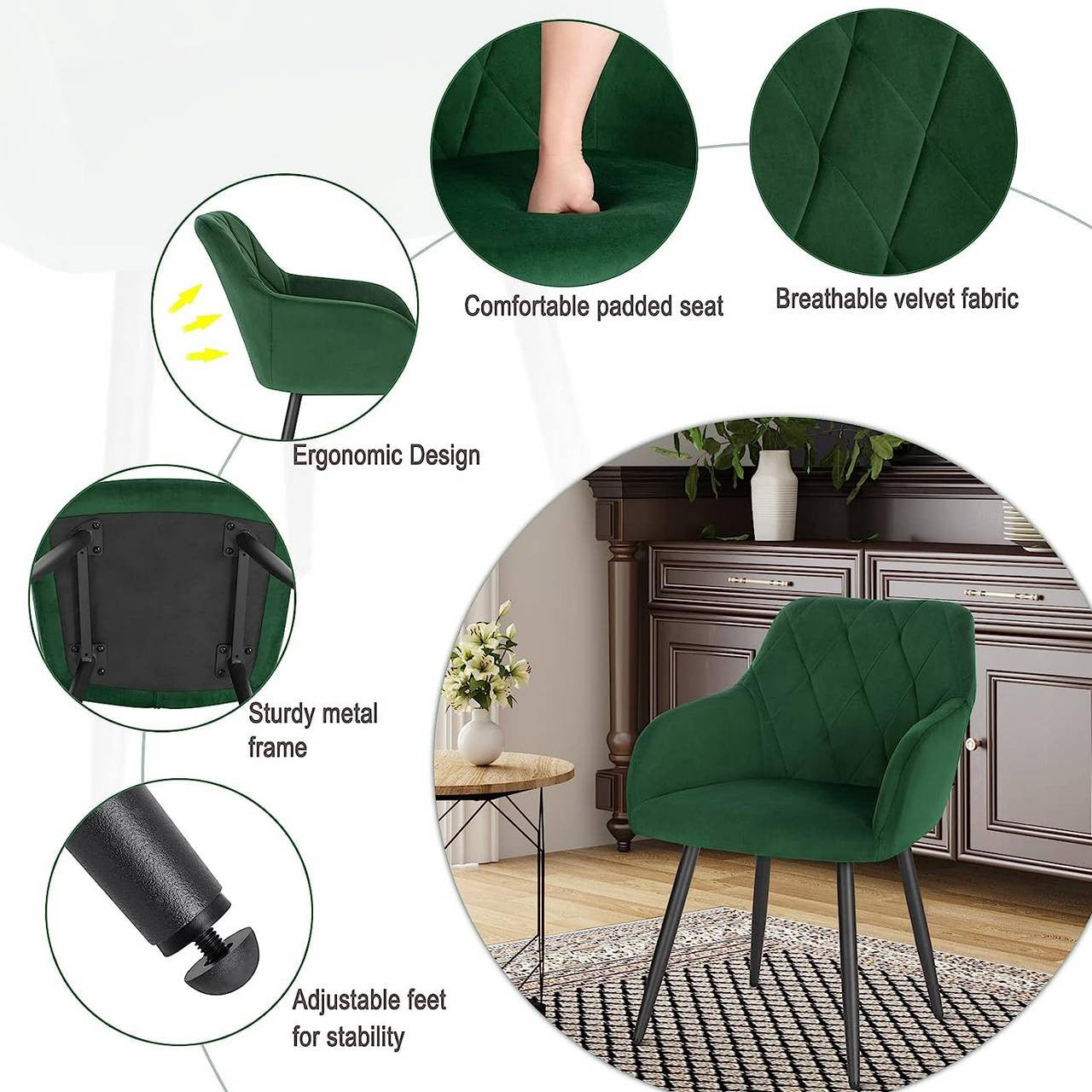 24goodz Velvet Dining Chair with Armrests - Ergonomic Comfort - Sturdy Metal Frame - Velvet - For Home Use - Dark Green - dgn