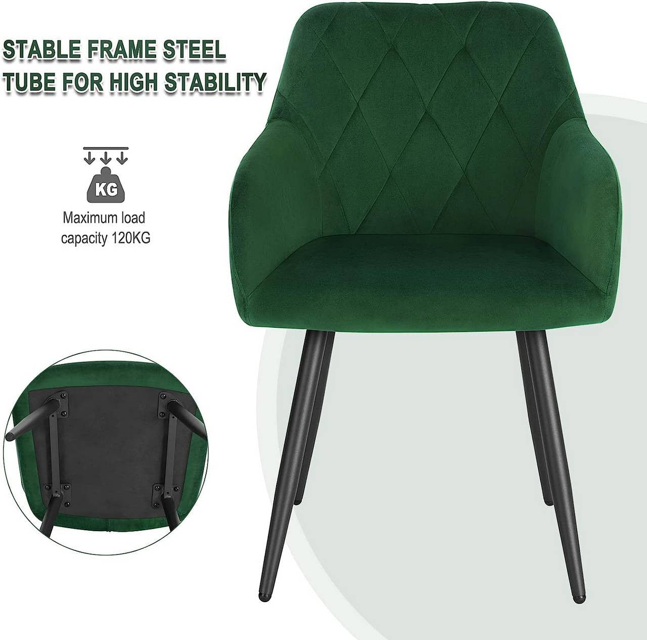 24goodz Velvet Dining Chair with Armrests - Ergonomic Comfort - Versatile Design - Velvet + Metal - Dark Green - dgn
