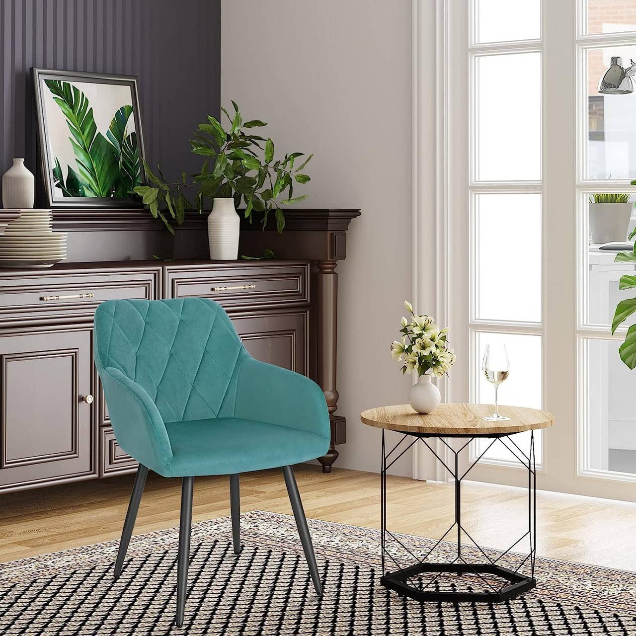 24goodz Velvet Dining Chair with Armrests - Ergonomic Comfort - Sturdy Metal Frame - For Home Use - Teal