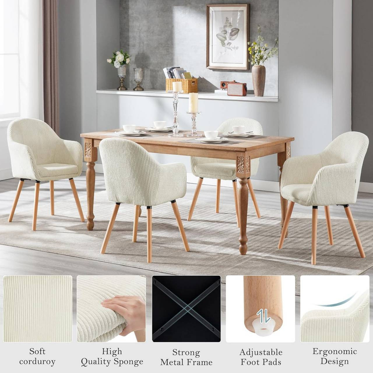 24goodz Upholstered Dining Chair - High Comfort - Robust & Stable - Corduroy - Beige