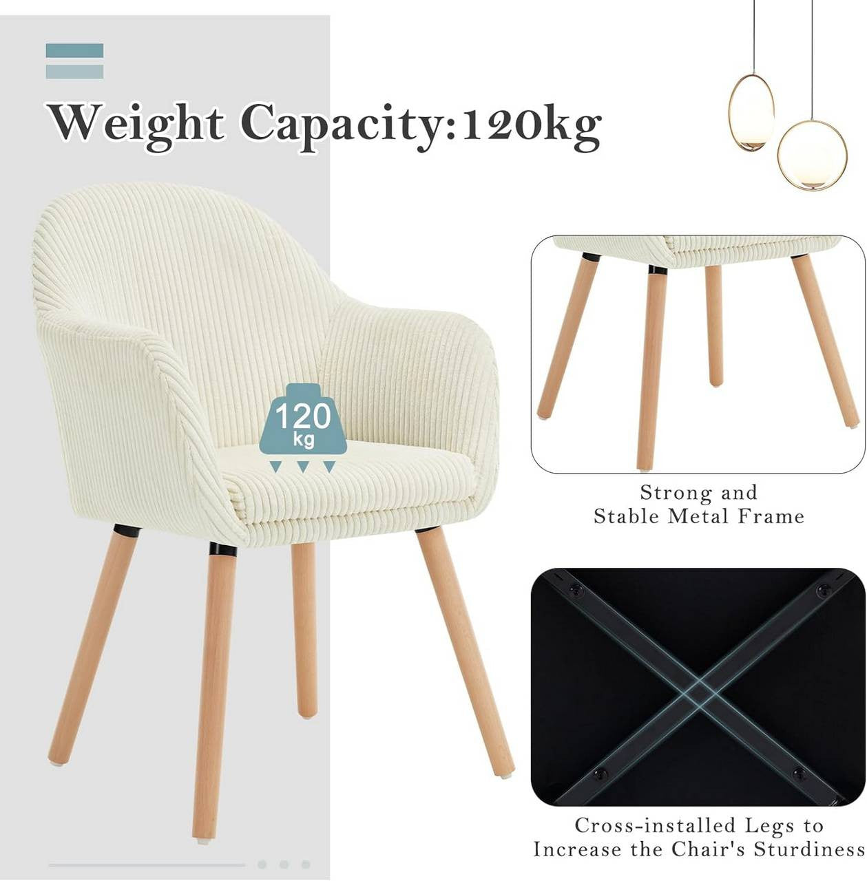 24goodz Upholstered Dining Chair - High Comfort - Robust & Stable - Corduroy - Beige