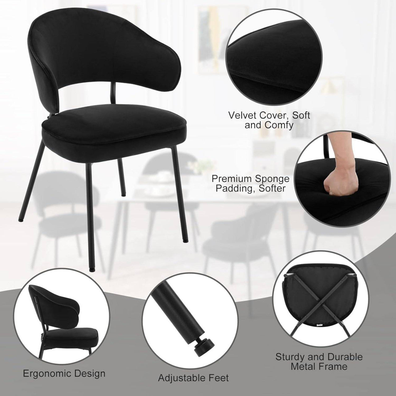 24goodz Upholstered Dining Chair - Ergonomic Design - Sturdy Metal Legs - Velvet - For Every Room - Black