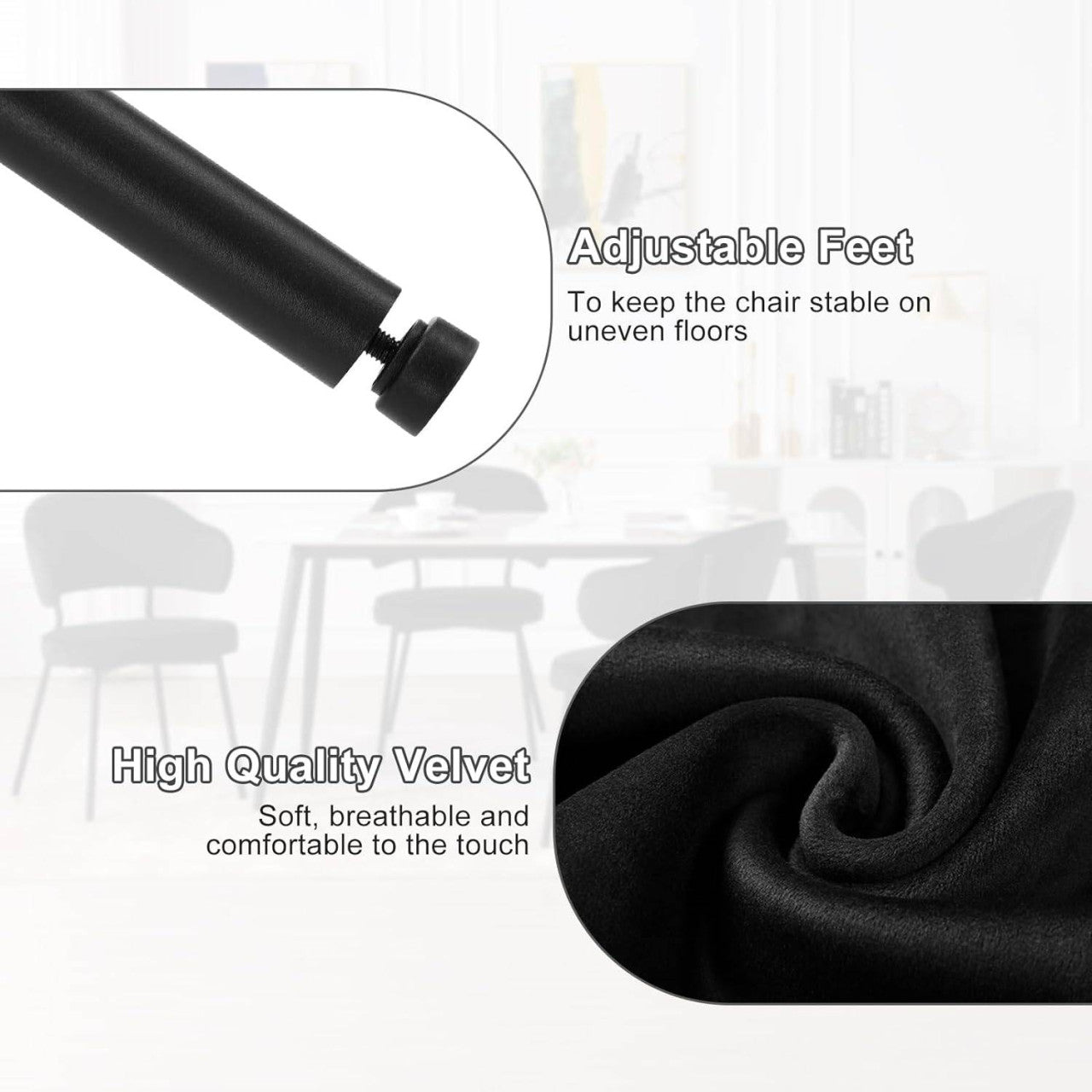 24goodz Velvet Dining Chair Set - Ergonomic Comfort - Sturdy Metal Frame - Black - Set of 2