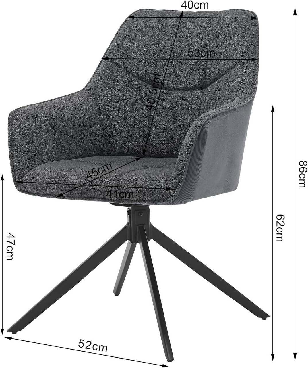 24goodz Swivel Dining Chair - 360° Rotatable - Ergonomic Comfort - Chenille & Cord - Dark Grey