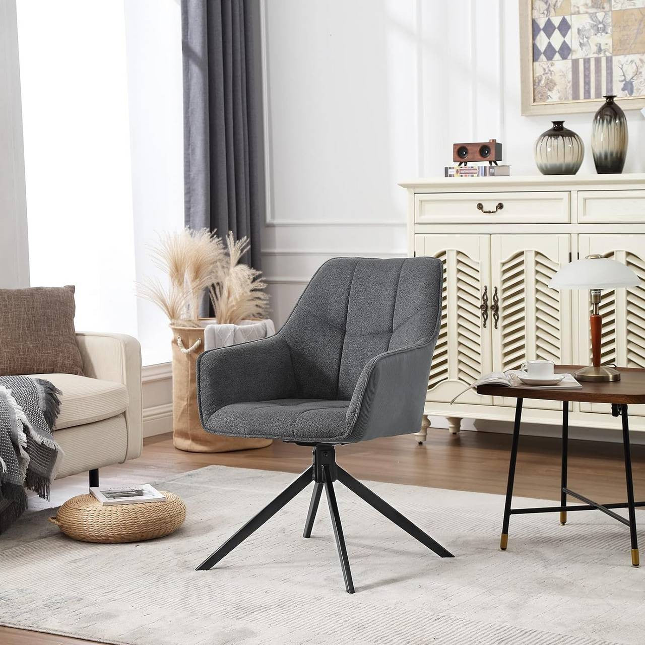 24goodz Swivel Dining Chair - 360° Rotatable - Ergonomic Comfort - Chenille & Cord - Dark Grey