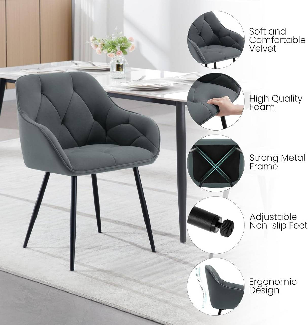 24goodz Velvet Dining Chair - Soft & Comfortable - Ergonomic Design - Velvet + Metal - Dark Grey