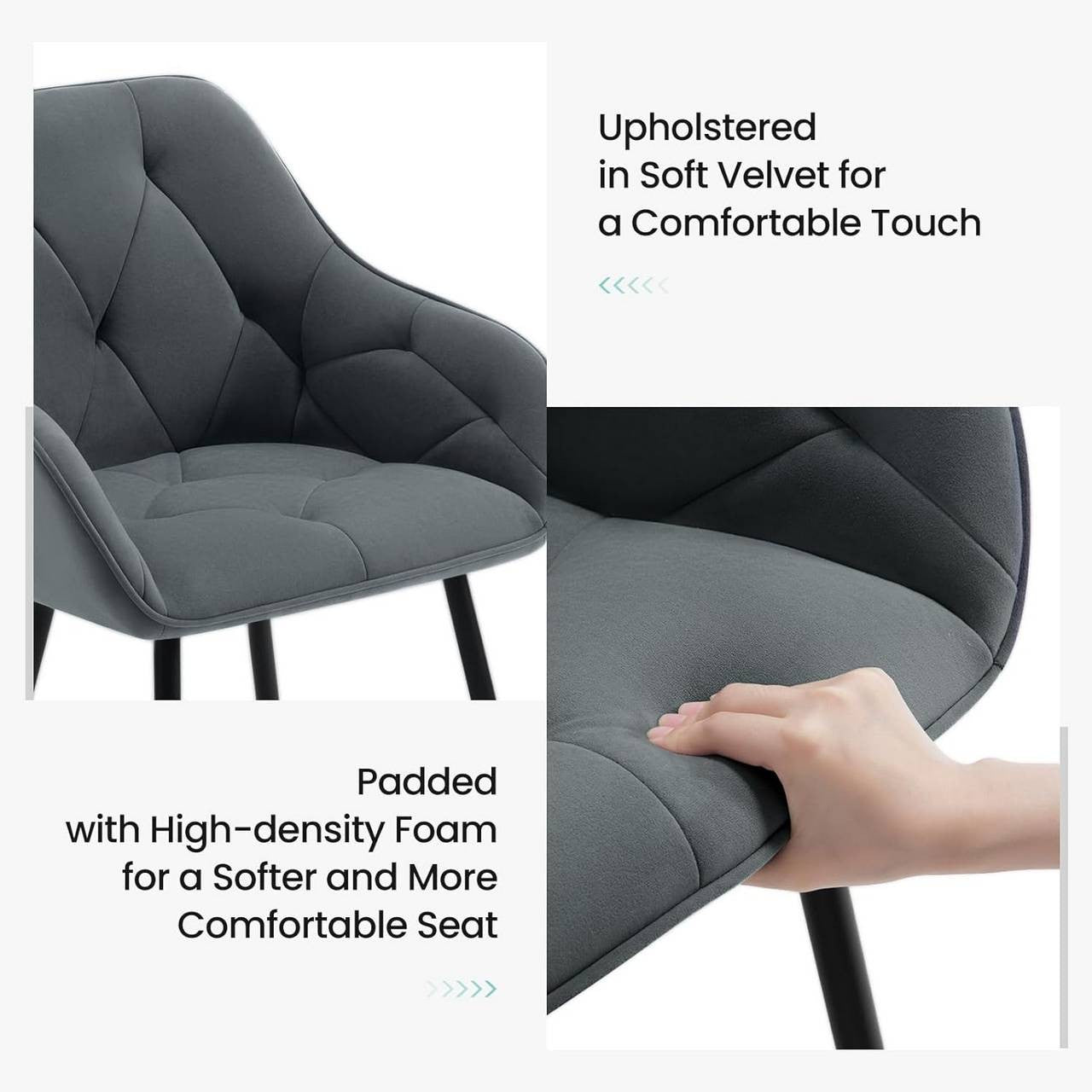 24goodz Velvet Dining Chair - Soft & Comfortable - Ergonomic Design - Velvet + Metal - Dark Grey