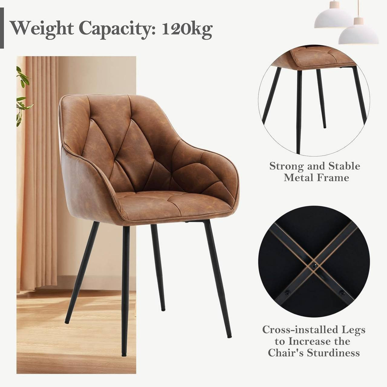 24goodz Ergonomic Dining Chairs - Soft & Comfortable Seating - Vintage Faux Leather - For Dining and Living Rooms - Brown