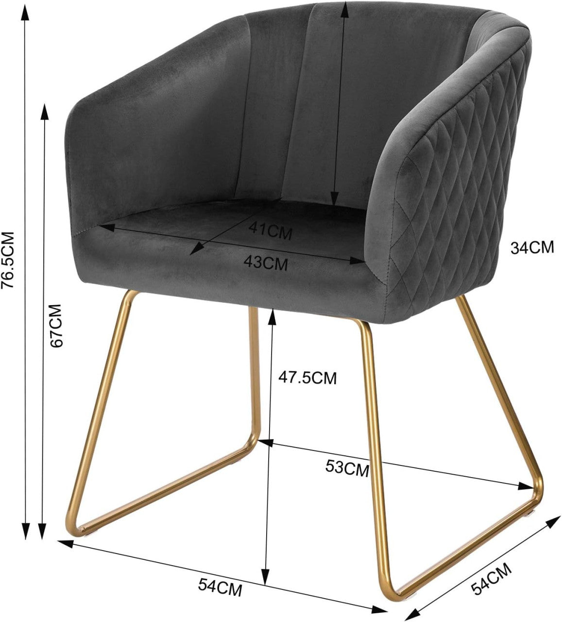 24goodz Velvet Dining Chair with Armrests - Ergonomic Comfort - Durable Metal Construction - Dark Grey - dgr