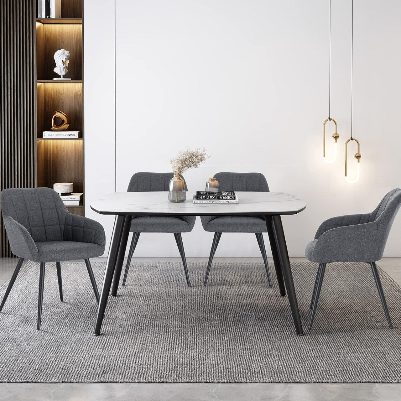 24goodz Dining Chair with Armrests - Ergonomic Comfort - Durable Linen and Metal - Dark Grey - dgr