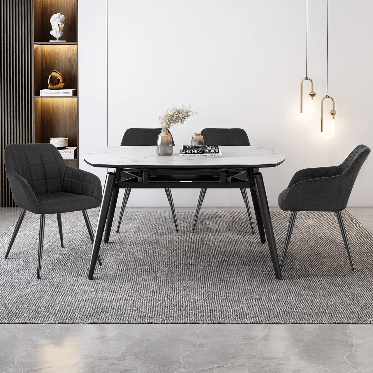 24goodz Dining Chair with Armrests - Ergonomic Comfort - Sturdy Metal Frame - Linen - For Home and Office - Dark Grey - sz