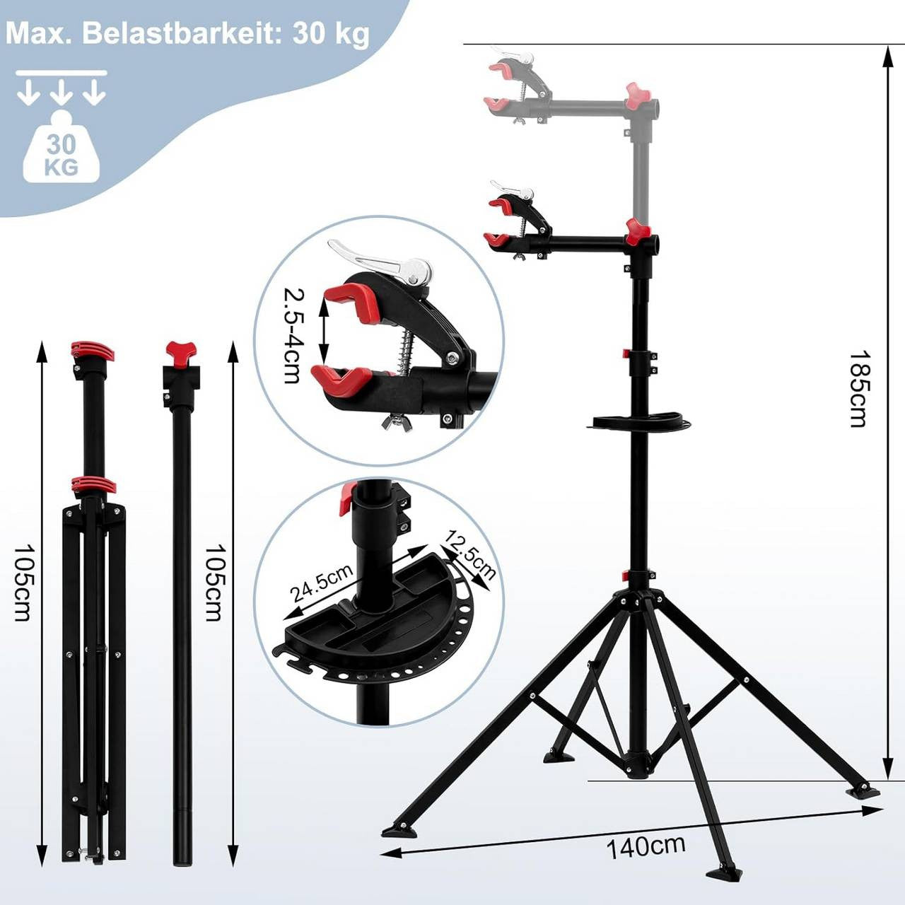 24goodz Bike Repair Stand - Adjustable Height for Comfort - Sturdy Metal Construction - 25 kg Capacity - Black - 185 cm