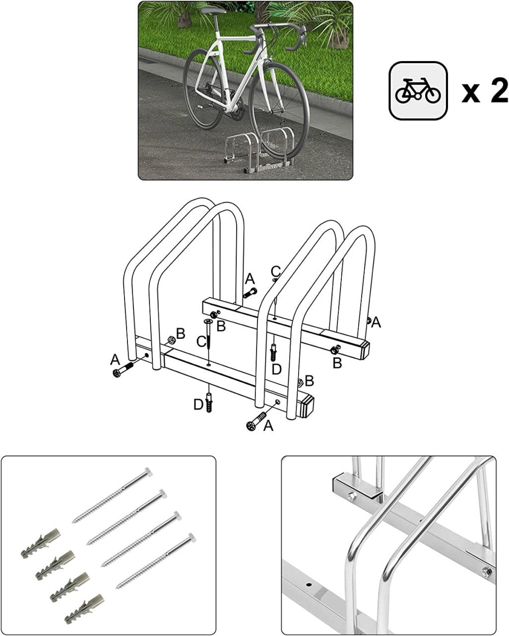 24goodz Bike Rack - Durable and Weatherproof - Galvanized Iron - For All Bikes - Silver - 40x32x26cm