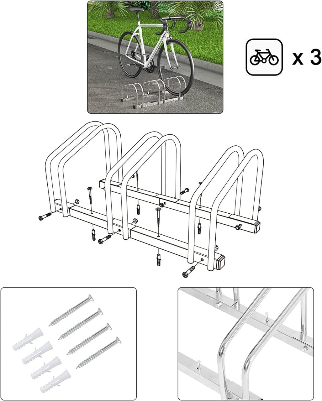 24goodz Bicycle Rack - Robust and Durable - Easy to Install - Galvanized Iron - For All Bikes - Silver 70.5x32x27cm