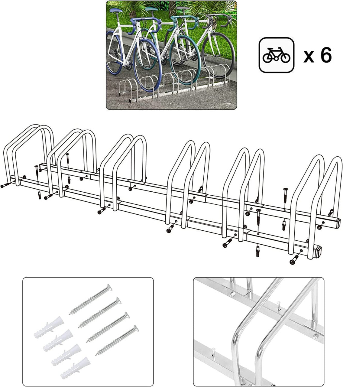 24goodz Bike Rack - Robust and Durable - Easy Installation - Galvanized Iron - For All Bike Types - Silver 160.5x32x27cm