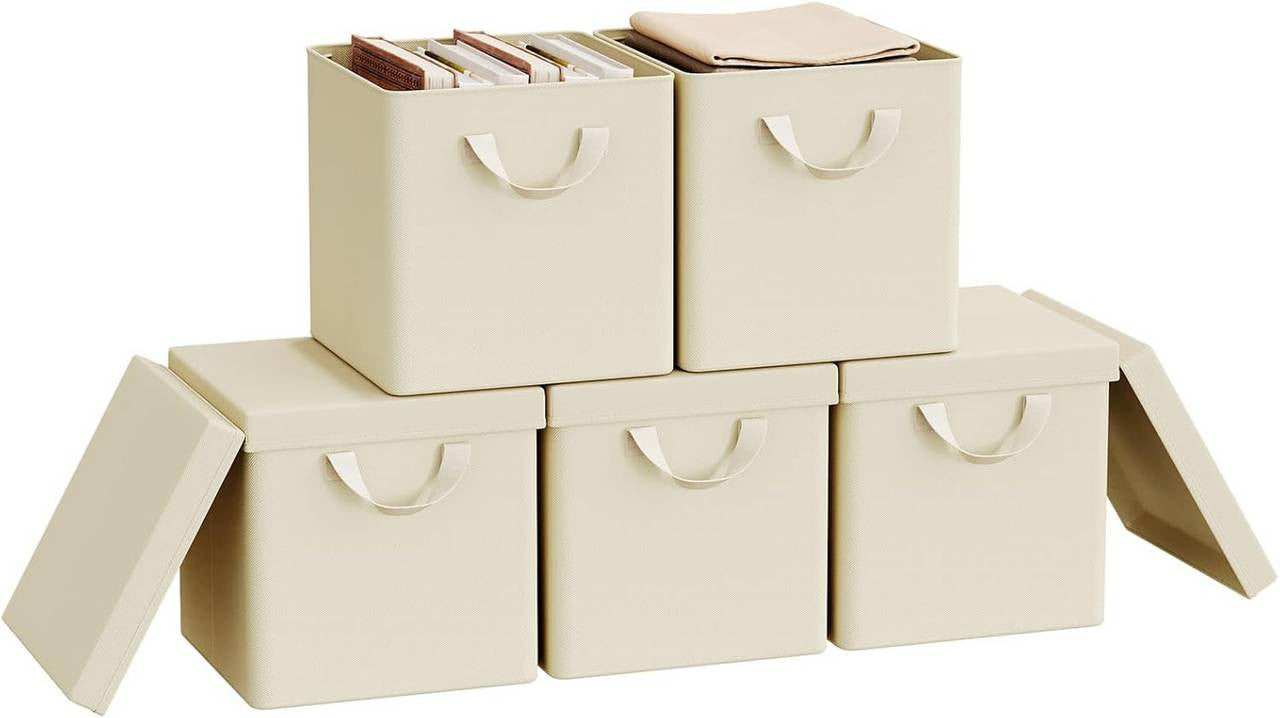 24goodz Foldable Storage Boxes Set of 5 - Durable and Versatile - Polyester and Metal - For Home Organization - Cream