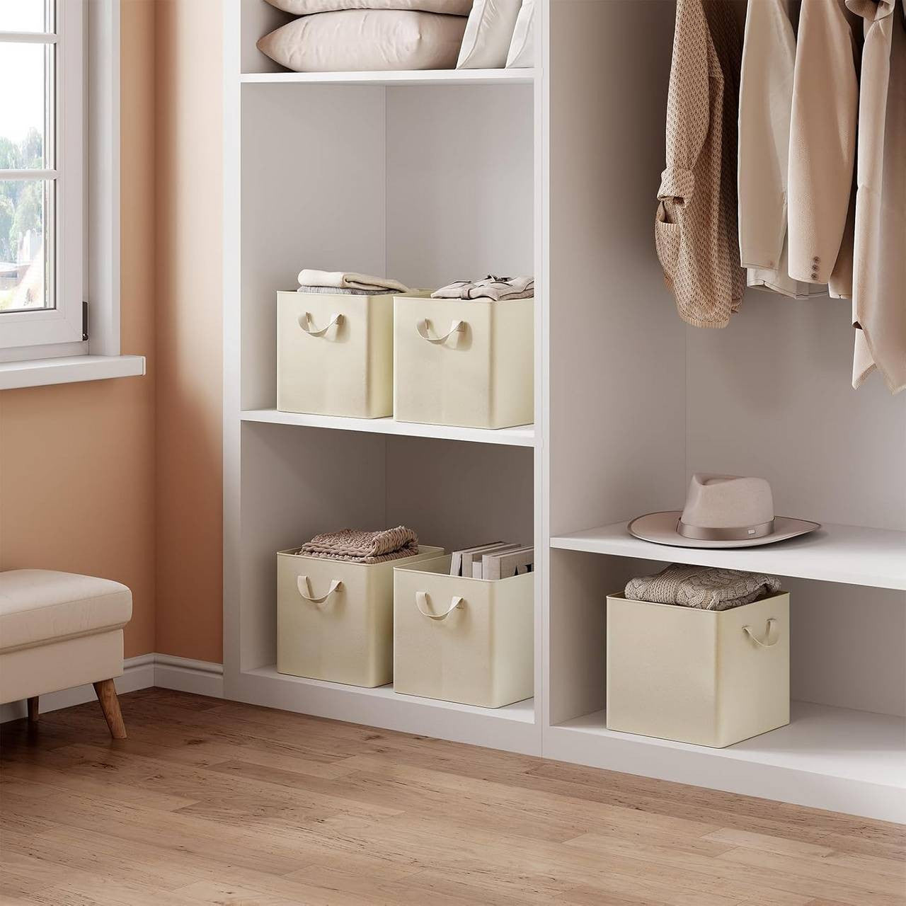 24goodz Foldable Storage Boxes Set of 5 - Durable and Versatile - Polyester and Metal - For Home Organization - Cream