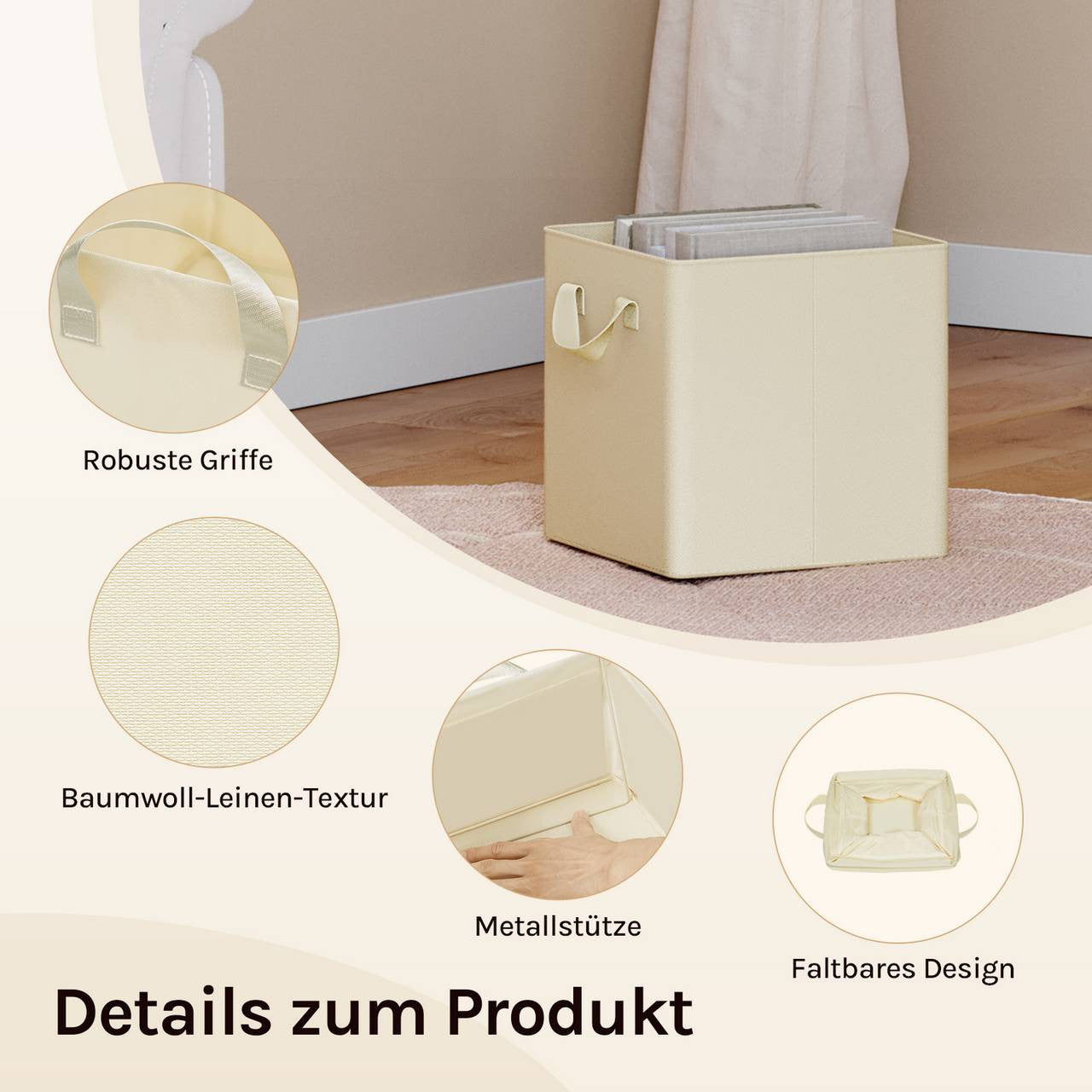24goodz Foldable Storage Boxes Set of 5 - Durable and Versatile - Polyester and Metal - For Home Organization - Cream