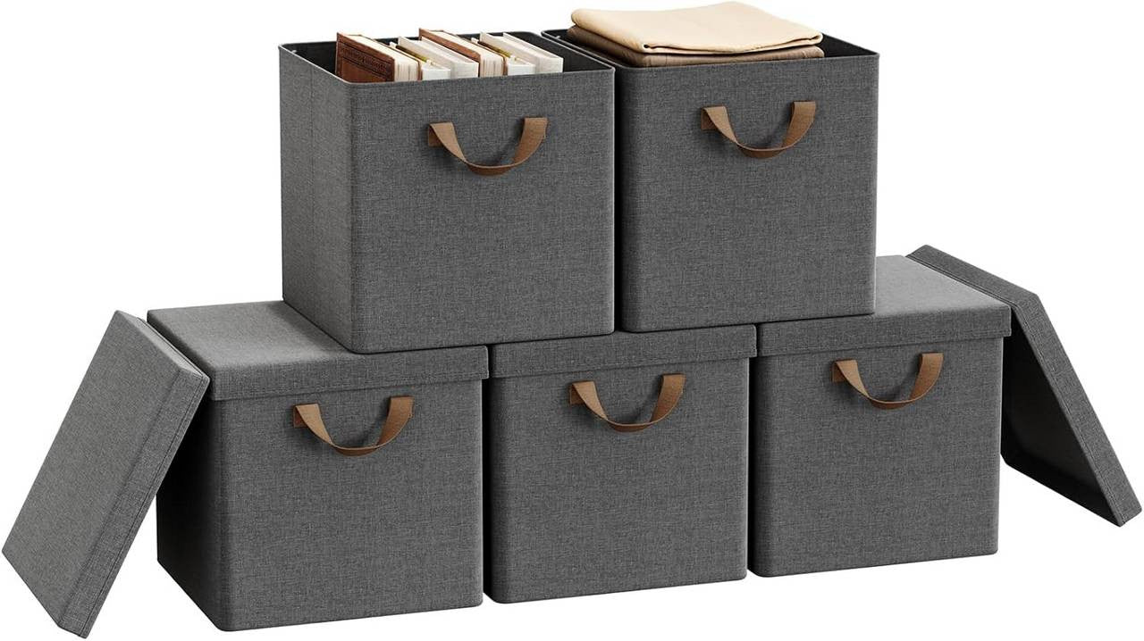 24goodz Foldable Storage Boxes Set of 5 - Durable Metal Frame - Versatile Use - Polyester - For Home Organization - Grey