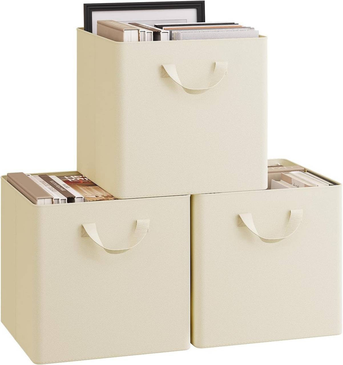 24goodz Foldable Storage Bins Set of 3 - Durable and Versatile - Polyester and Metal - For Home Organization - Cream