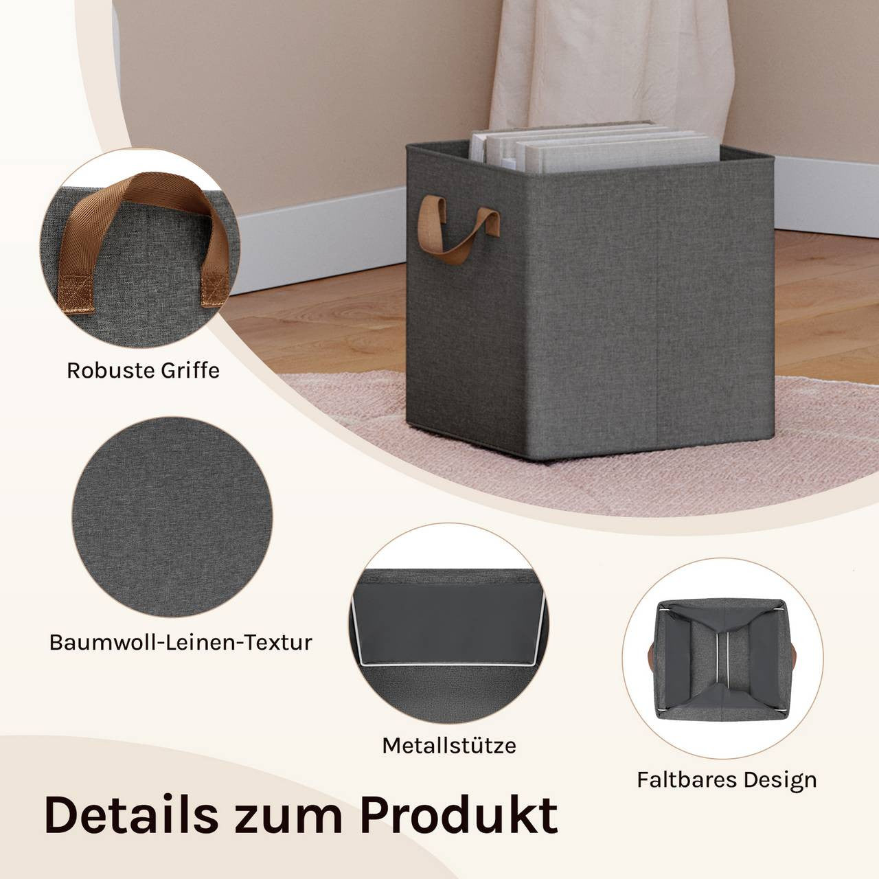 24goodz Foldable Storage Boxes Set of 5 - Durable and Versatile - Polyester and Metal - For Home Organization - Grey