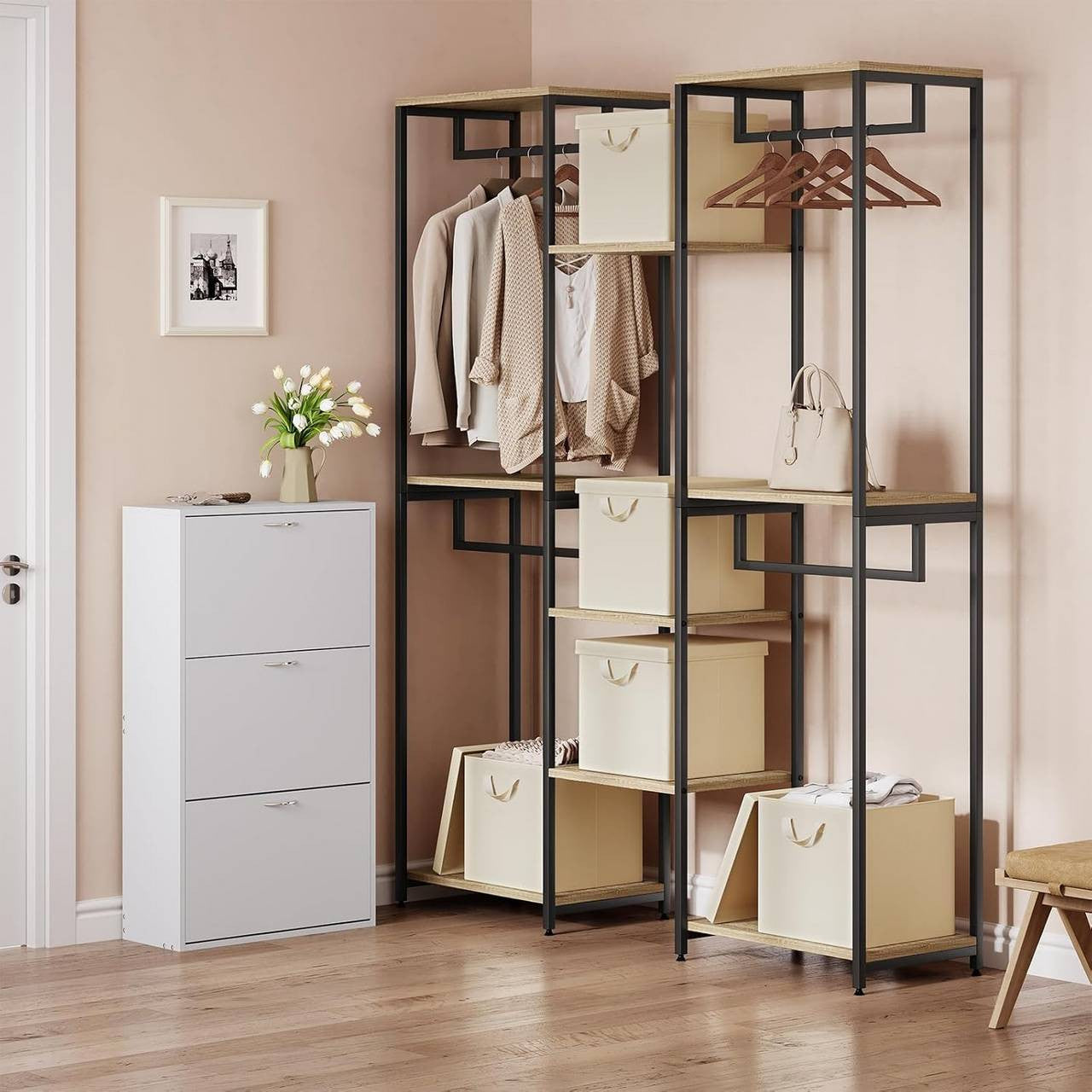 24goodz Foldable Storage Boxes Set of 5 - Durable and Versatile - Polyester and Metal Frame - For Home Organization - Cream