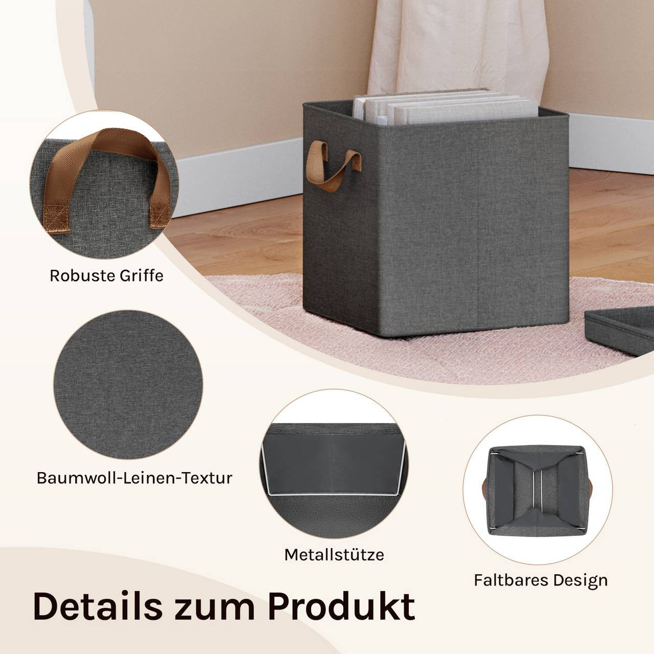 24goodz Foldable Storage Boxes Set of 5 - Durable and Versatile - Polyester and Metal Frame - For Home Organization - Grey/Cream/Black/White