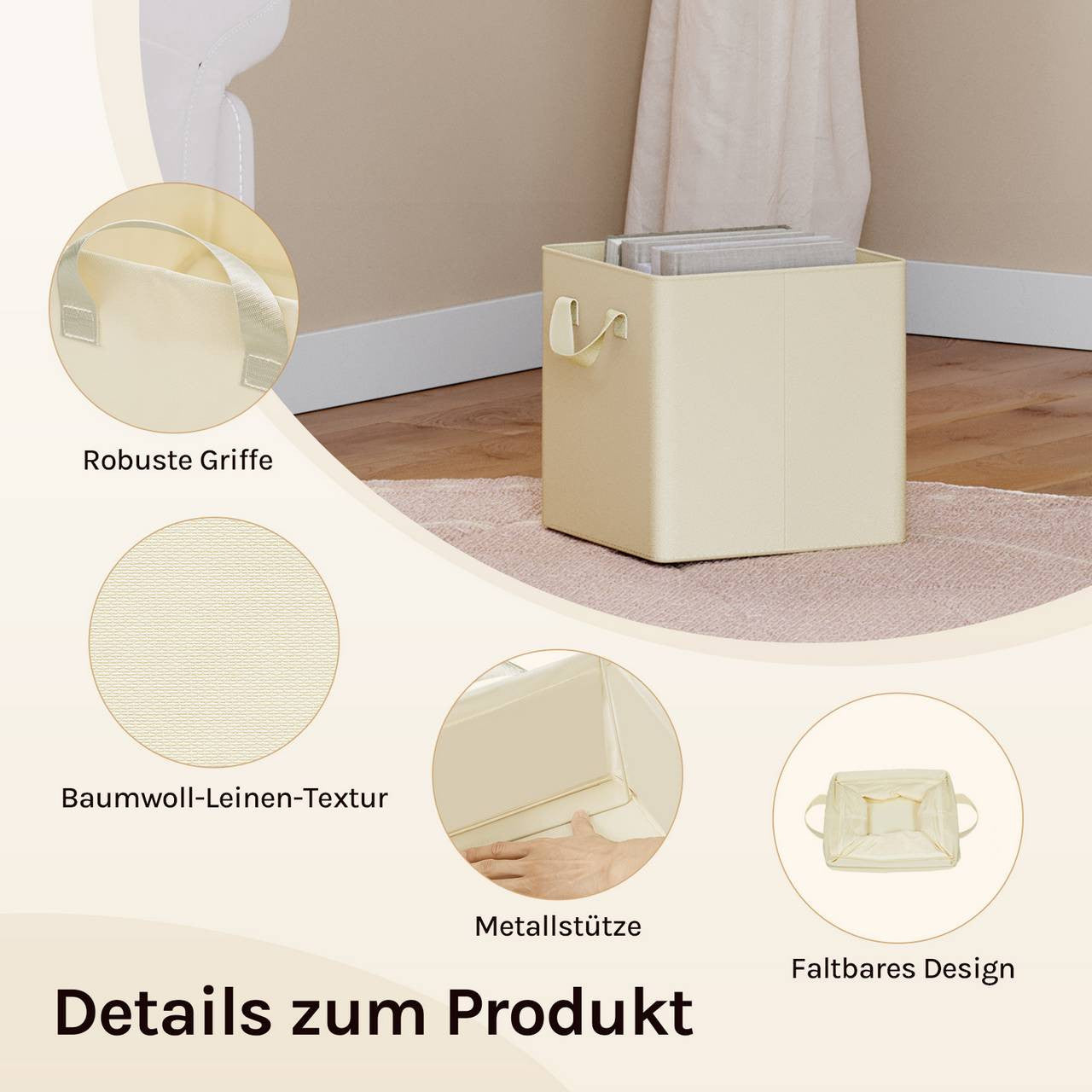 24goodz Foldable Storage Boxes Set of 3 - Durable and Versatile - Kationic Fabric and Metal - For Home Organization - Cream