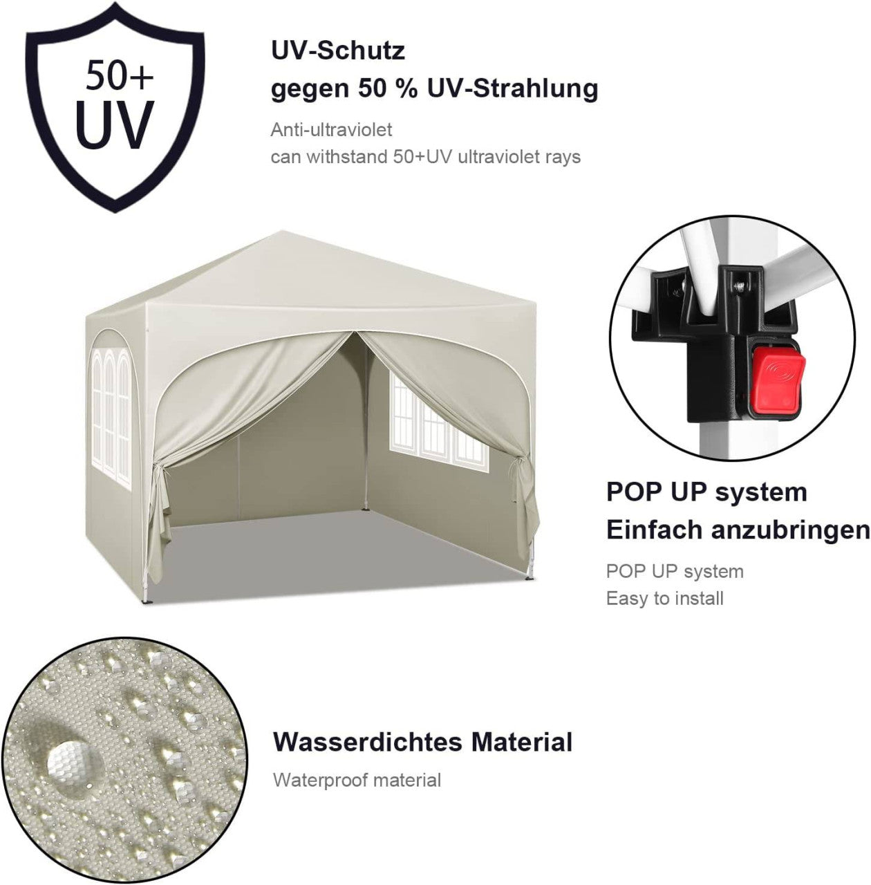 24goodz Foldable Pavilion 3x3 m - Water-Resistant with UV Protection 50+ - Easy to Use - 210D Oxford Fabric - For Outdoor Gatherings - Beige