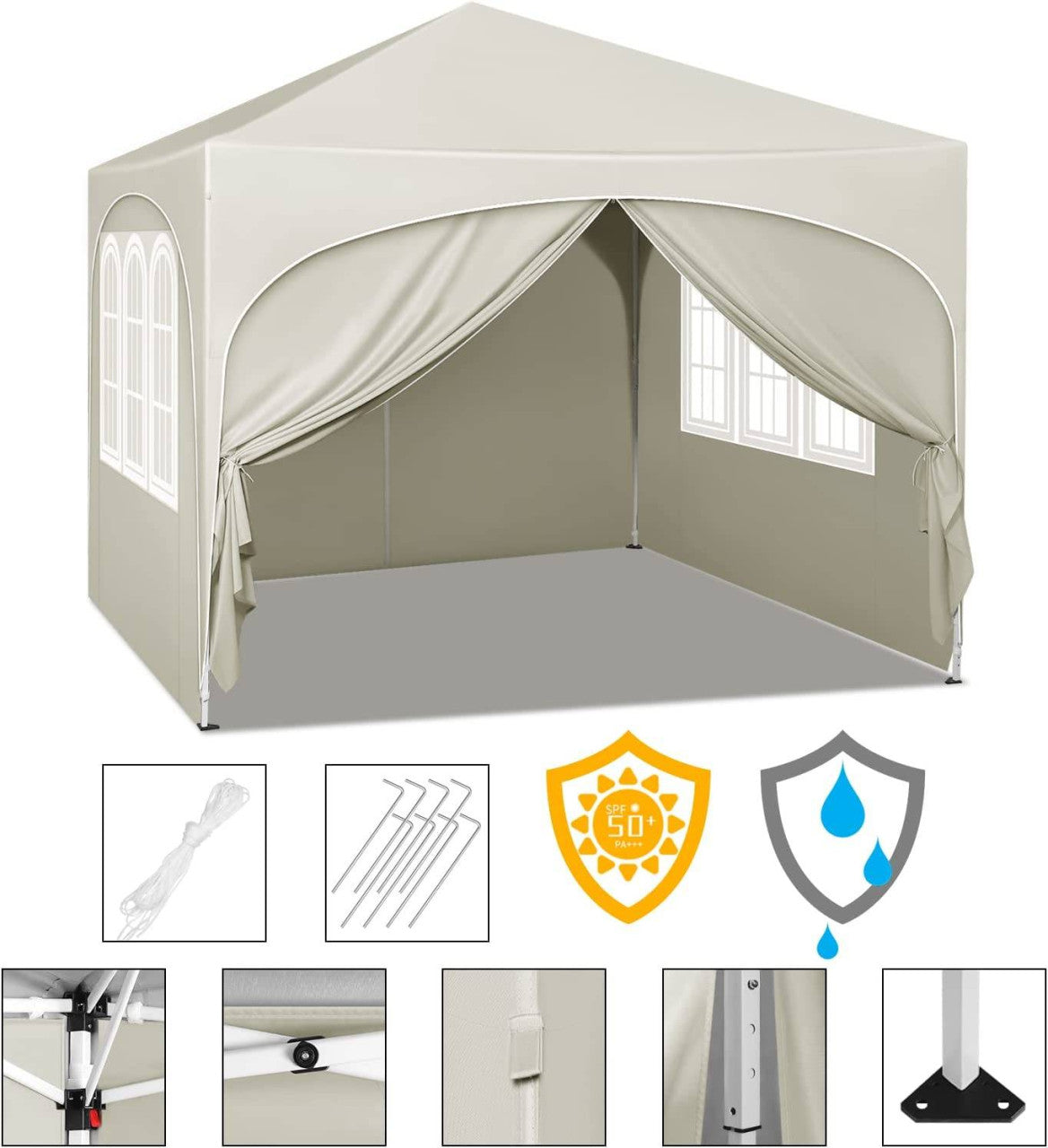 24goodz Foldable Pavilion 3x3 m - Water-Resistant with UV Protection 50+ - Easy to Use - 210D Oxford Fabric - For Outdoor Gatherings - Beige