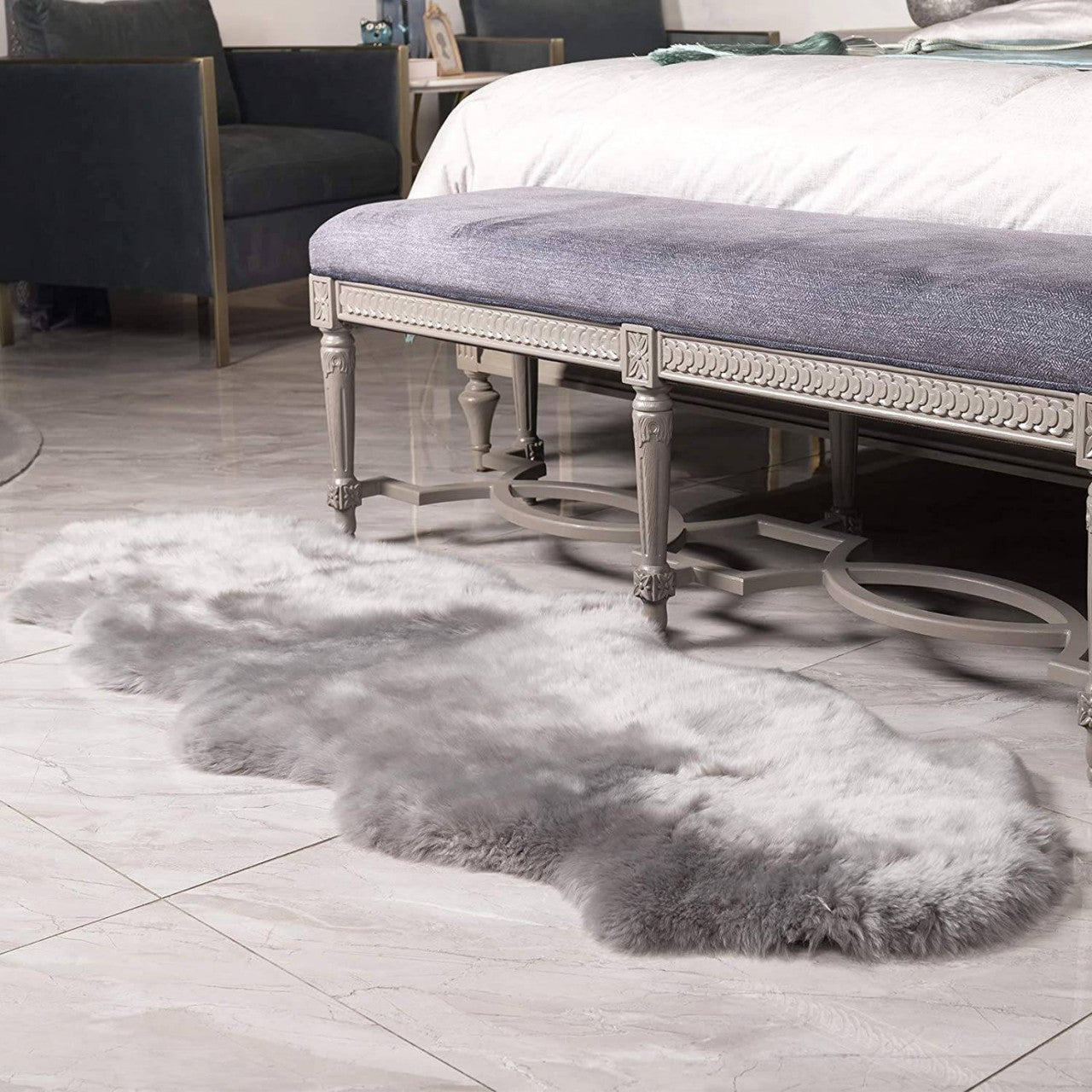 24goodz Plush Imitation Lambskin Rug - Soft and Cozy - Polyester - For Home and Office - Light Grey - hgr
