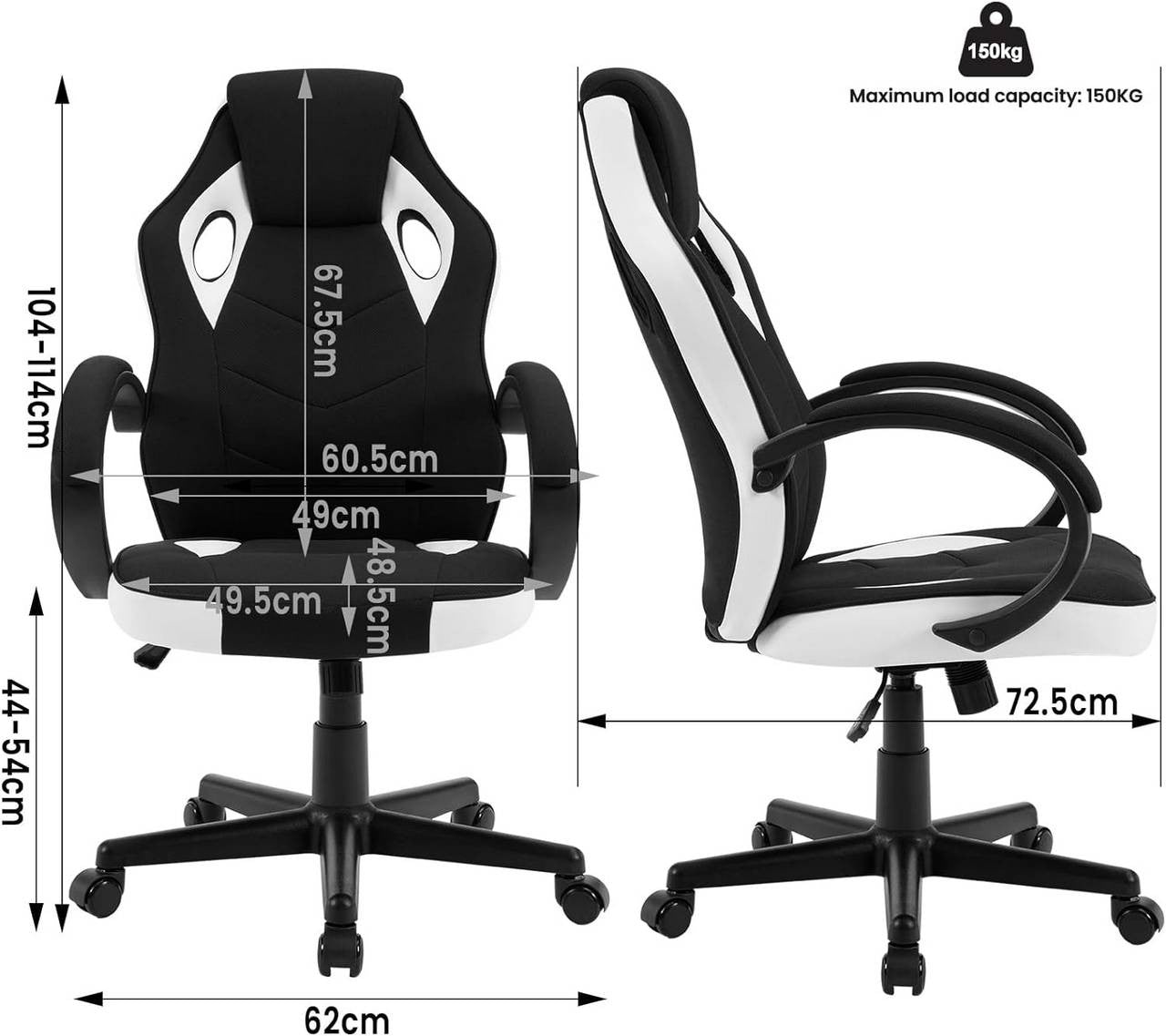 24goodz Gaming Chair - Ergonomic Support - Durable Metal Frame - PU and Mesh - For Adults and Teens - White + Black