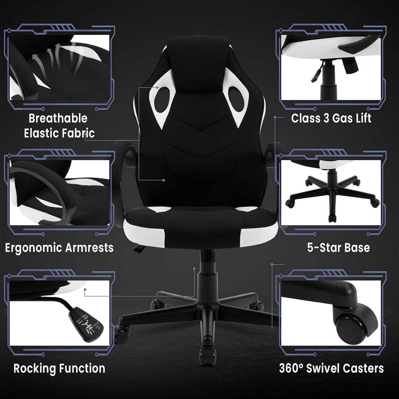24goodz Gaming Chair - Ergonomic Support - Durable Metal Frame - PU and Mesh - For Adults and Teens - White + Black